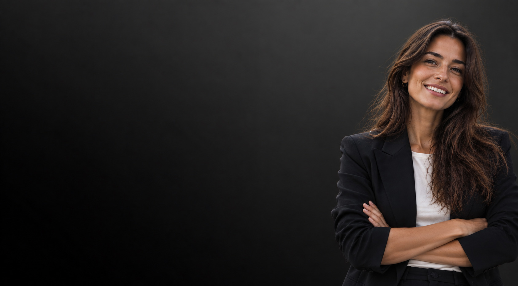 Mujer sonriente con blazer negro